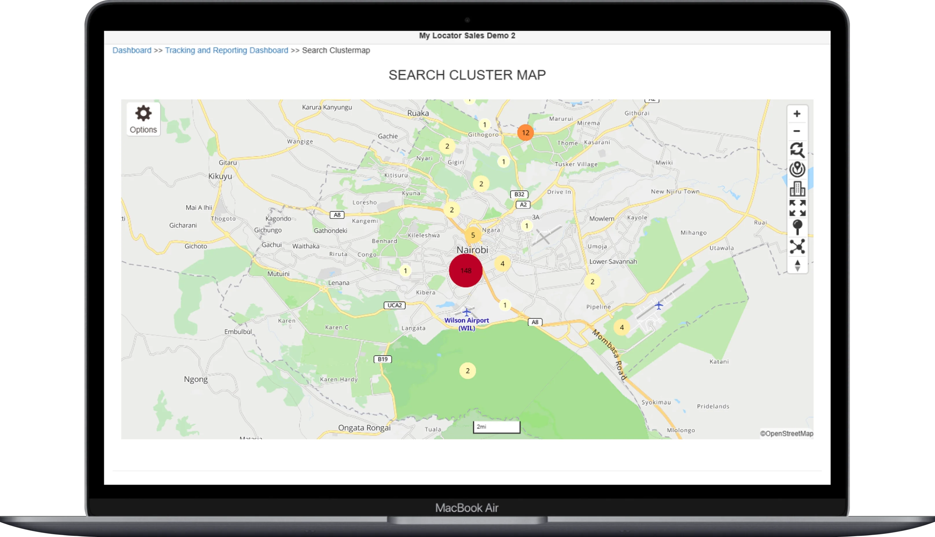 Search cluster map showing aggregated activity