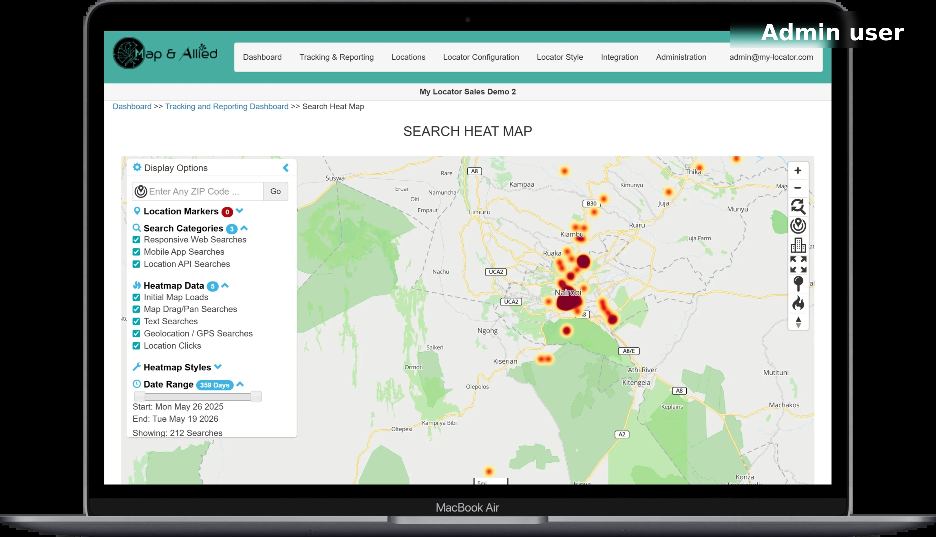 Search heat map showing demand intensity