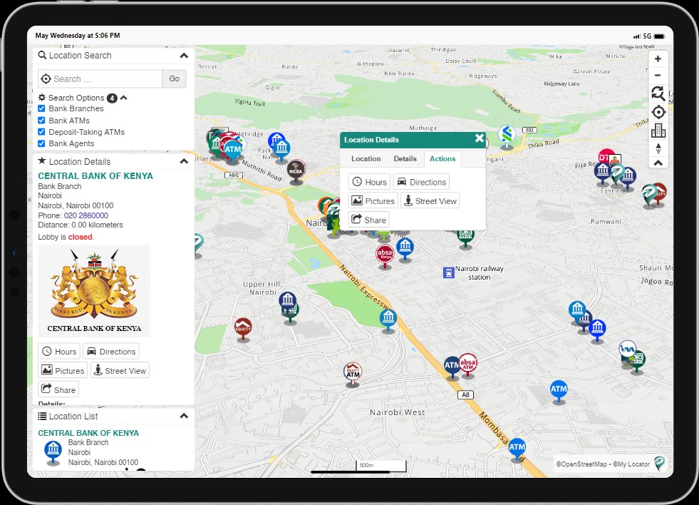iPad Pro showing Central Bank of Kenya location detail panel
