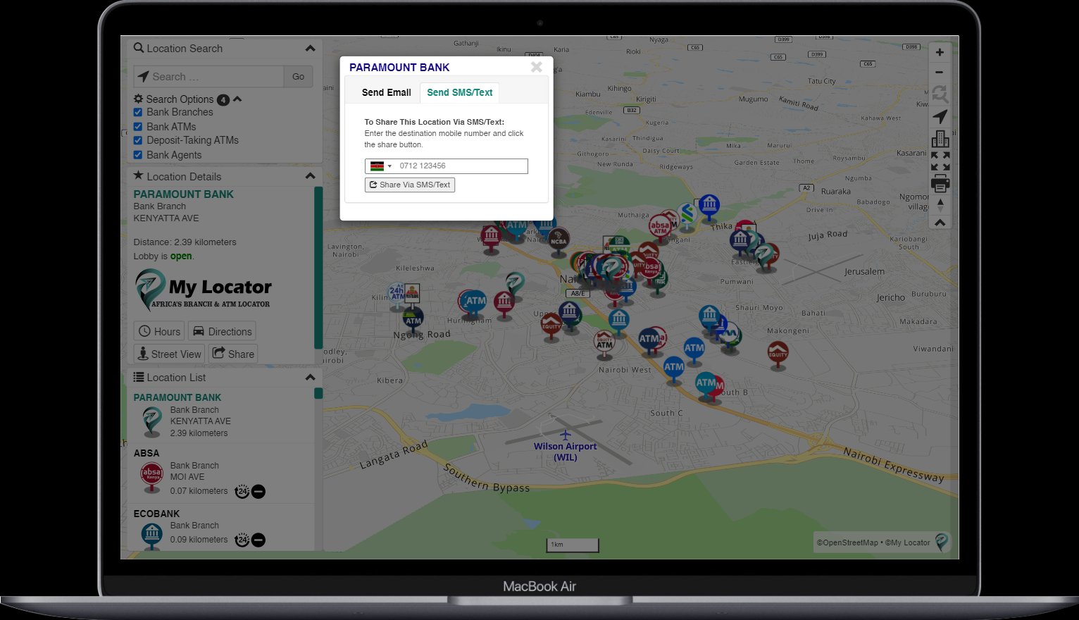 MacBook showing Paramount Bank with SMS share feature
