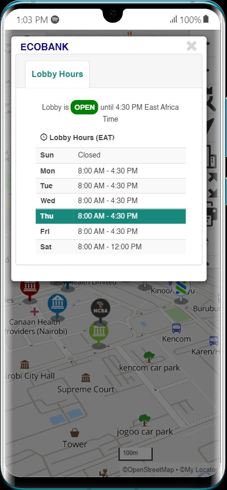 Samsung Android showing Ecobank lobby with live OPEN status
